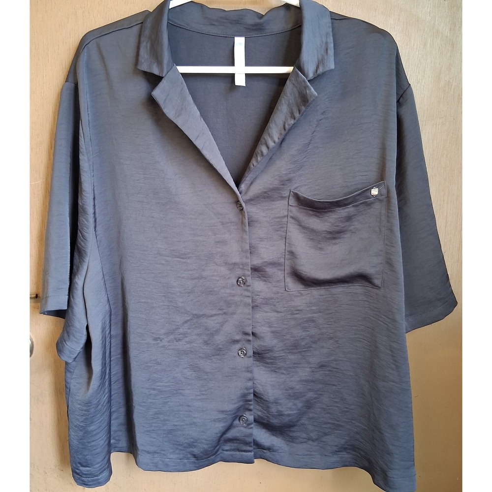 Fabletics Sleep Button‎ Down Pewter Gray Slate Silky Satin Feel Womens 3XL EUC